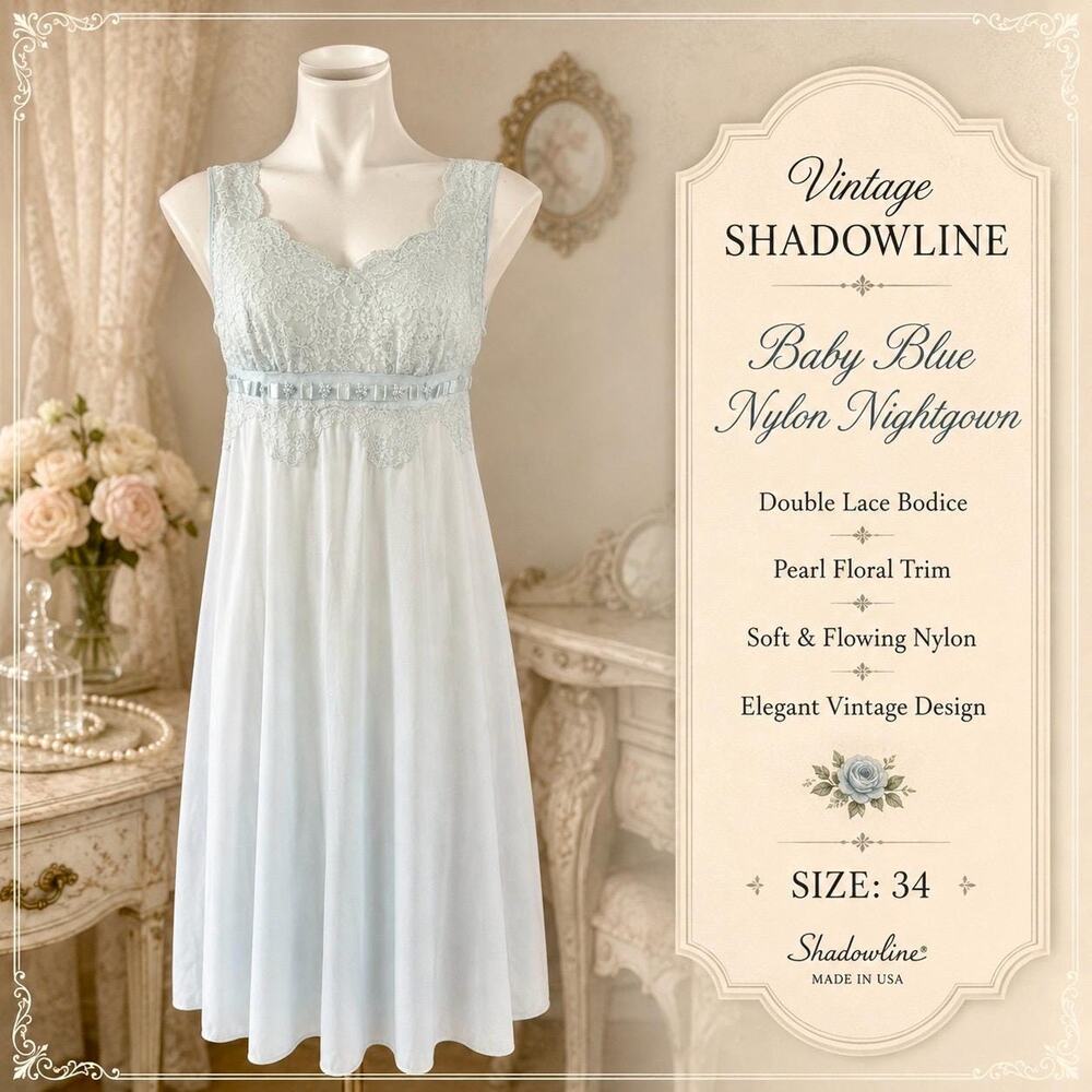 Vintage Shadowline Baby Blue Nylon Nightgown Double Lace Bodice Pearl Trim 32
